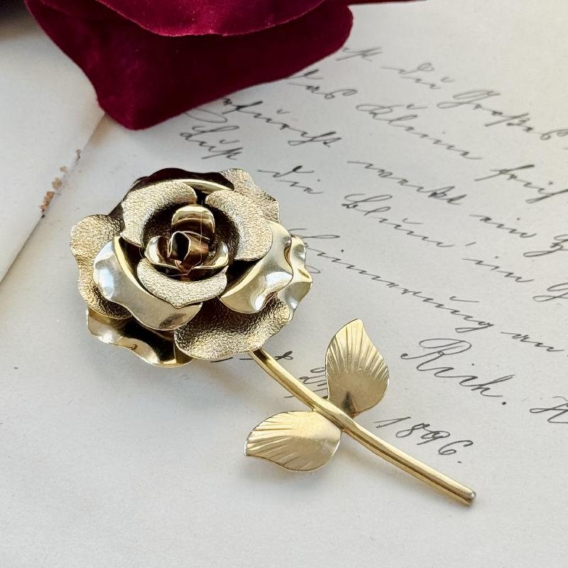 Vintage C.a. 1950-60s Mirror and Textured Champagne Gold Blossoming Rose Brooch with Stem(MT1737)