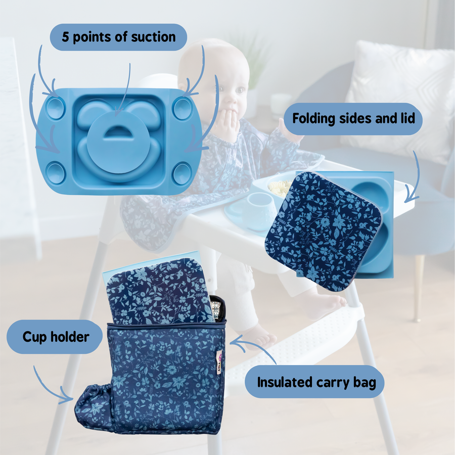 TIDY TOT Premium EasyMat Mini 矽膠吸盤式餐盤(附保溫袋) - 藍色花園【建議4個月或以上】