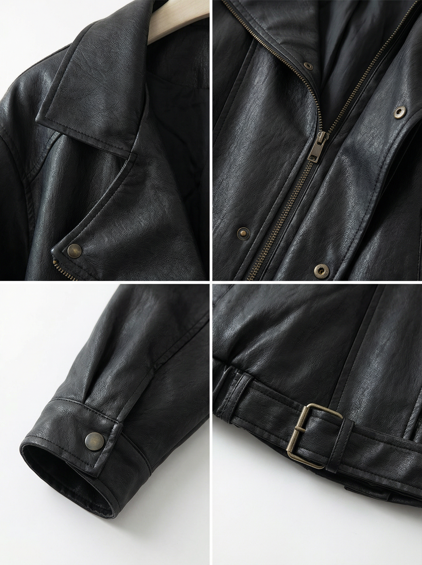 黑色皮革斜襟短版飛行夾克