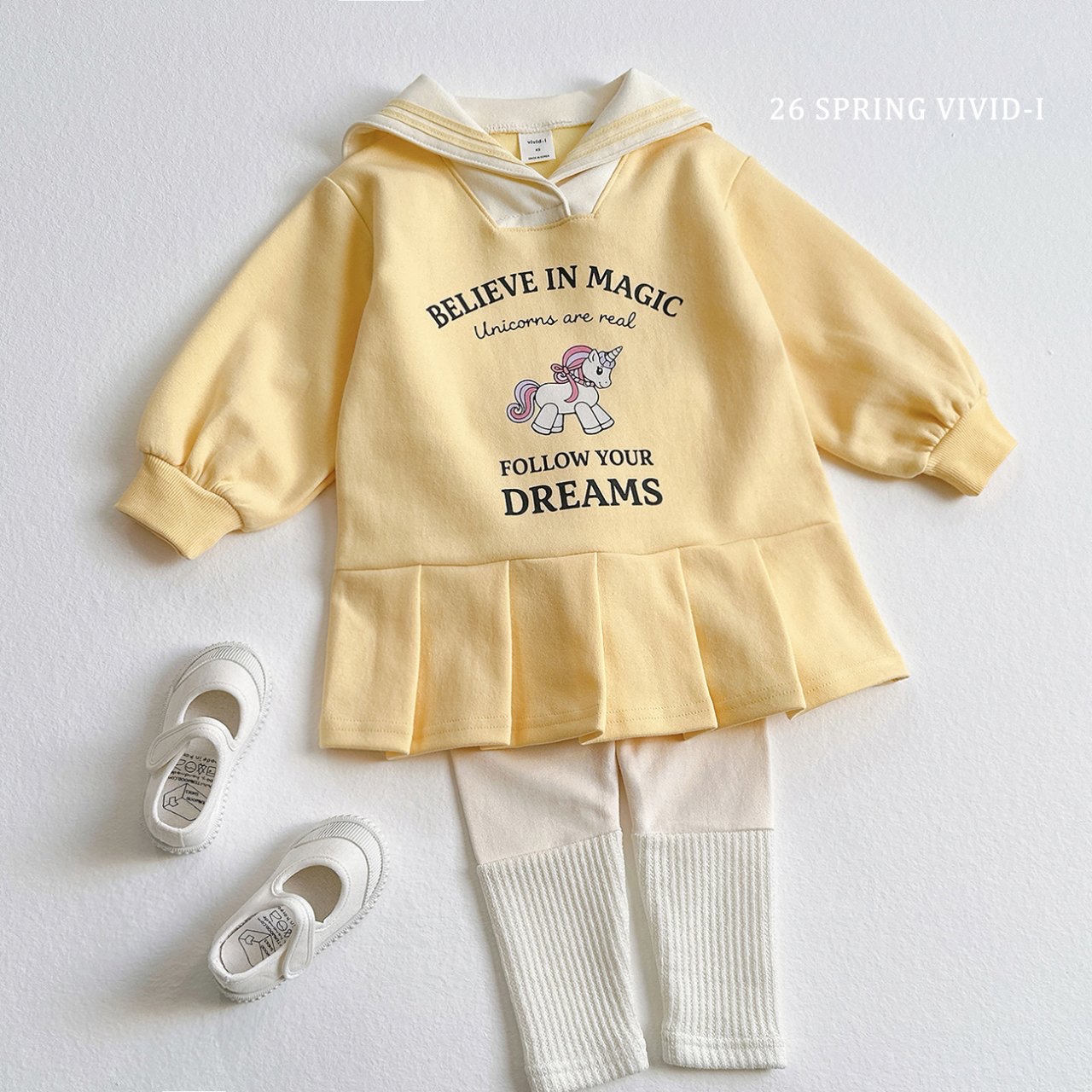 🌸預訂 韓國直送🌸🇰🇷VIVIDI四色水手領獨角獸印花長袖百摺連身裙