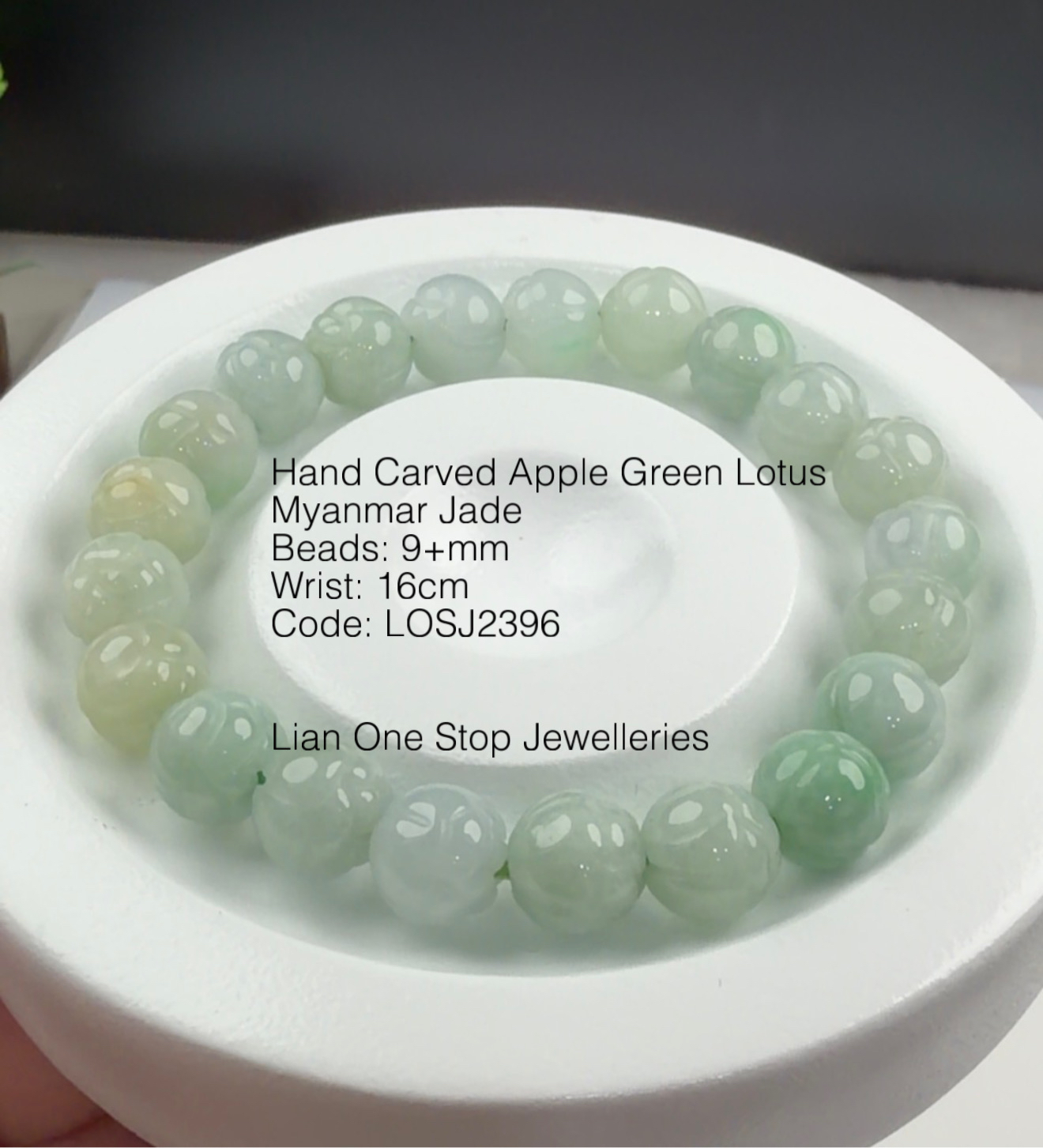 Code: LOSJ2396 Hand Carved Apple Green Lotus Myanmar Jade 9+mm