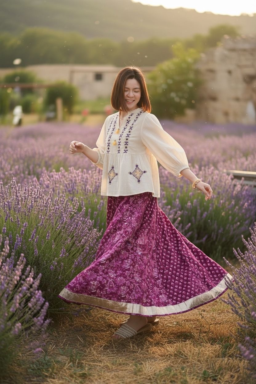1972 Purple with Golden Edge 12-Cloth Patchwork Skirt 39"