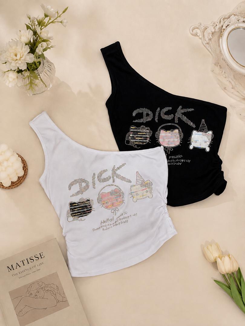 A100456 One Shoulder Cat Print Crop Top