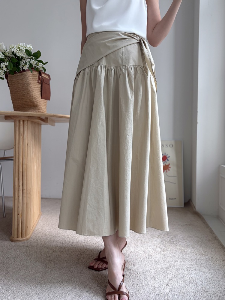 Wrap-Waist Flare Skirt (Beige)