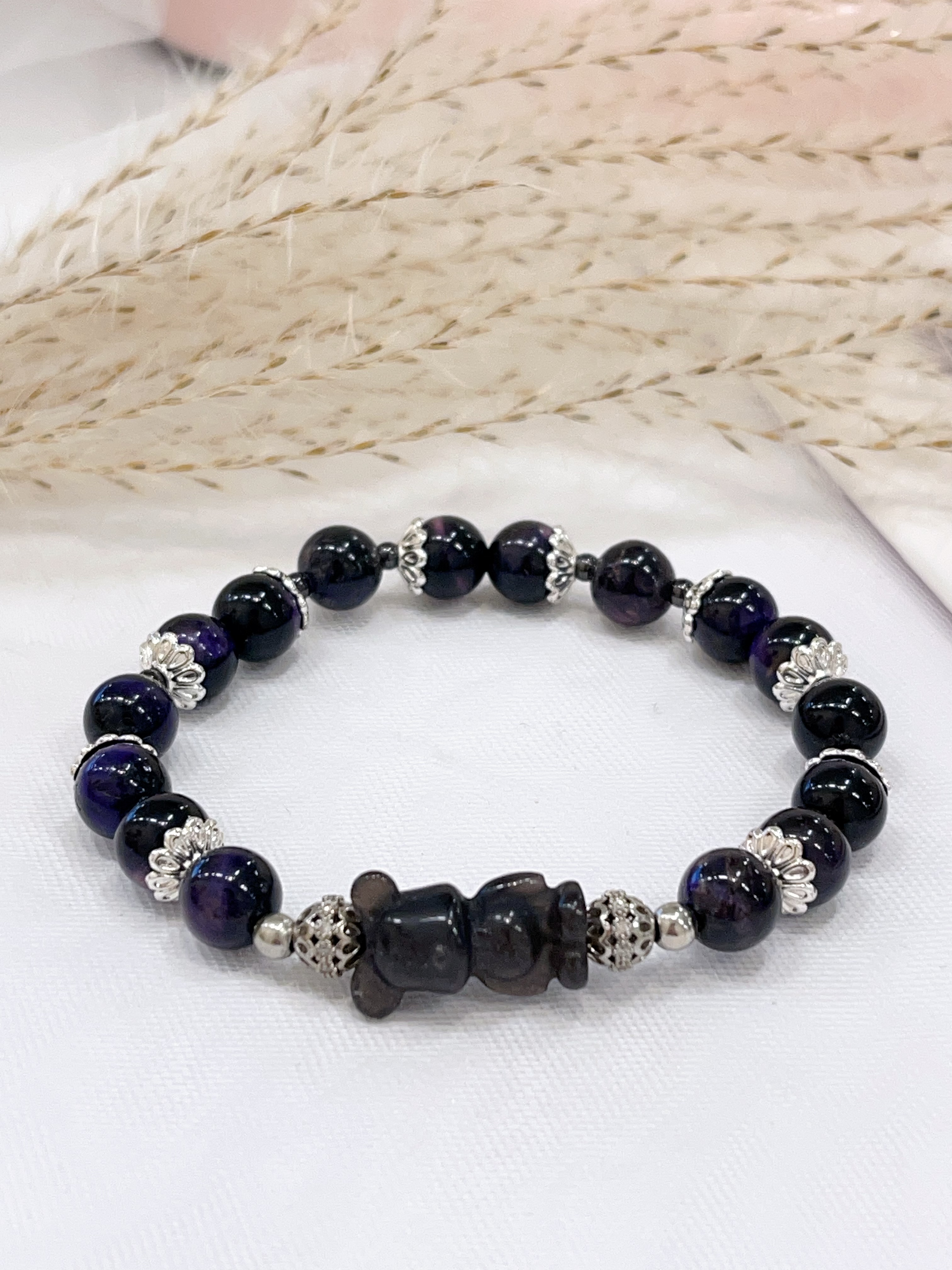 🐻 银曜石暴力熊 × 紫虎眼手串 Silver Obsidian Bear Charm & Amethyst Tiger Eye | 8mm