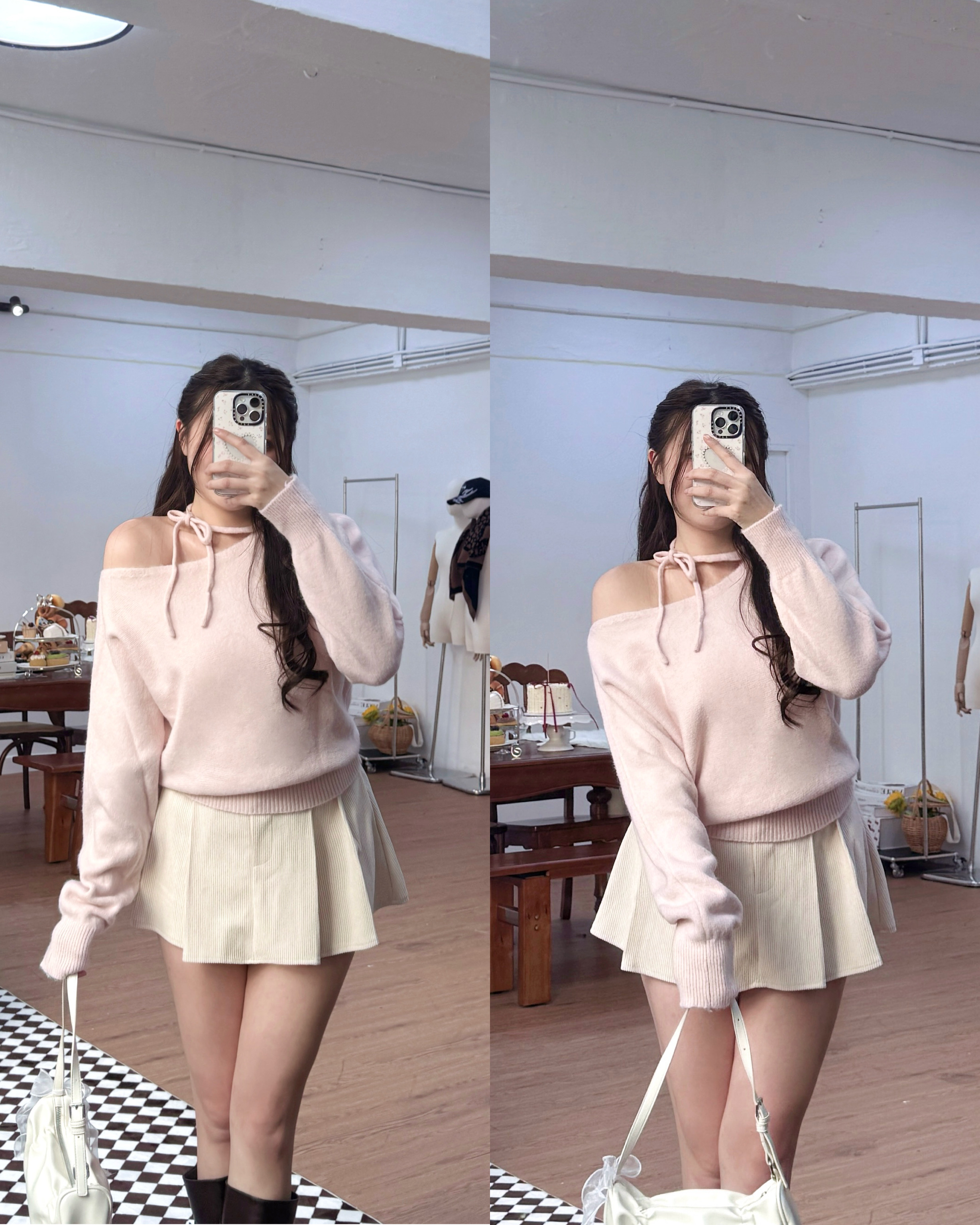 【 🌷韓劇女主氛圍♡設計感！斜肩綁帶泡泡針織上衣💗】 Romantic Ribbon Knit Top(三色入)