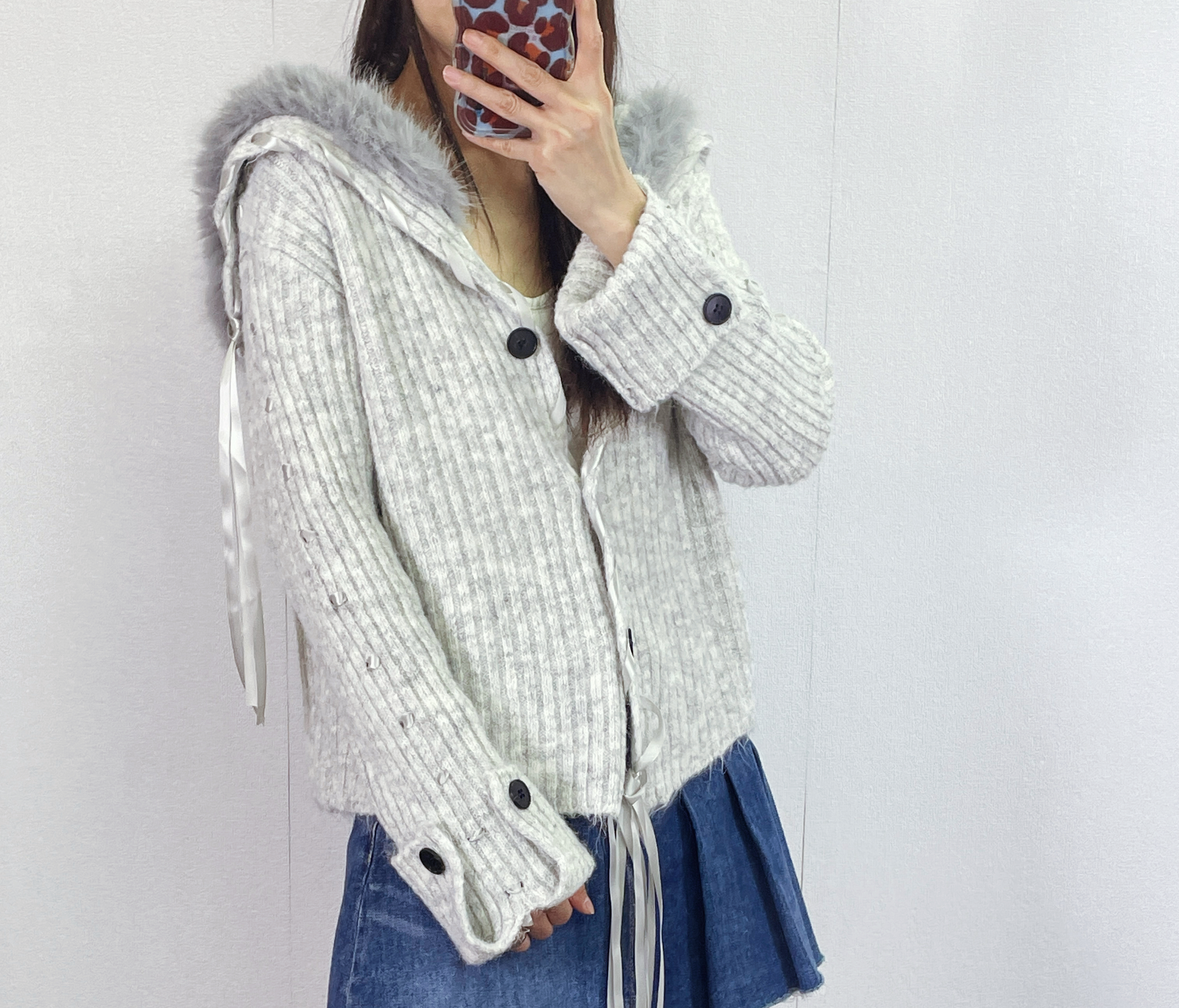 K5531 毛毛領拼絲帶針織外套