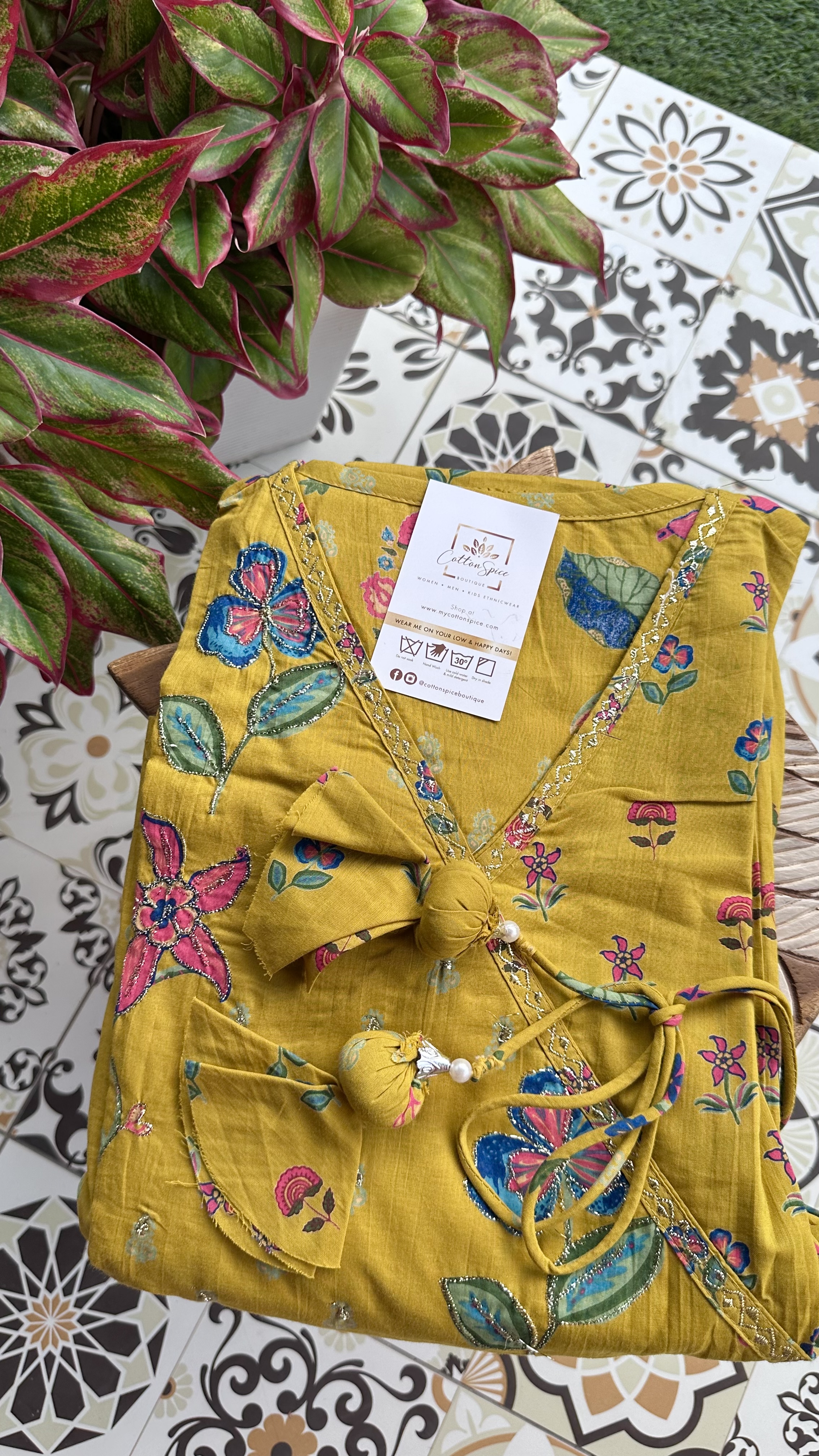 Mustard Floral Cotton Anarkali set