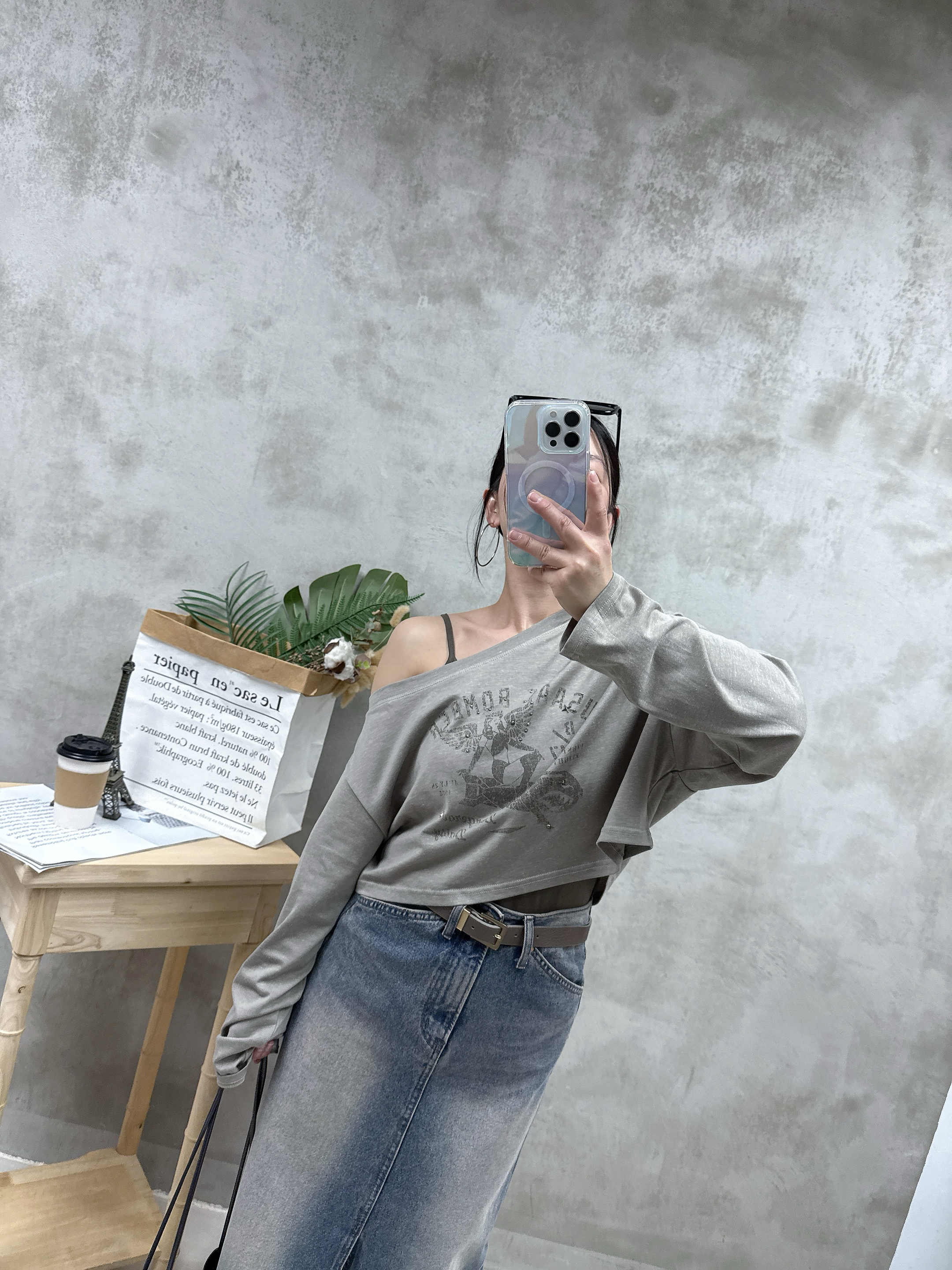背心+單邊露膊print Tee