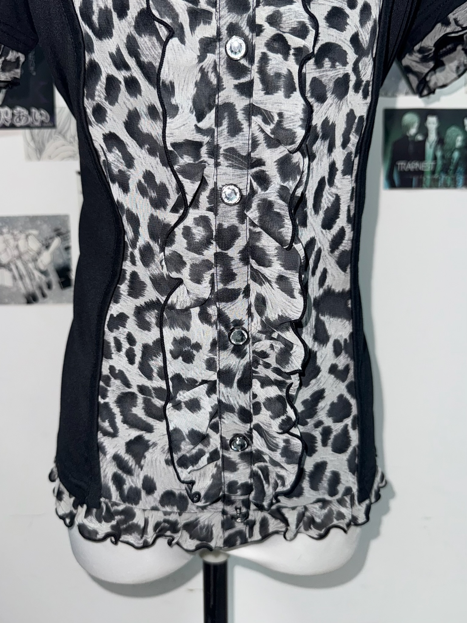 Grey Leopard Mesh Patchwork Short Sleeve Top