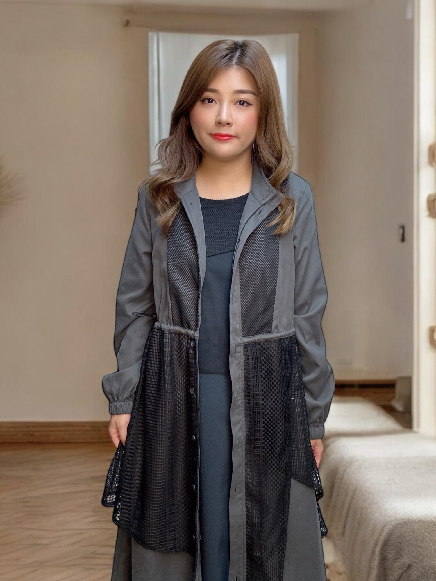 103546 BS 自家款 洗水磨毛布拼接條子網布連身裙外套