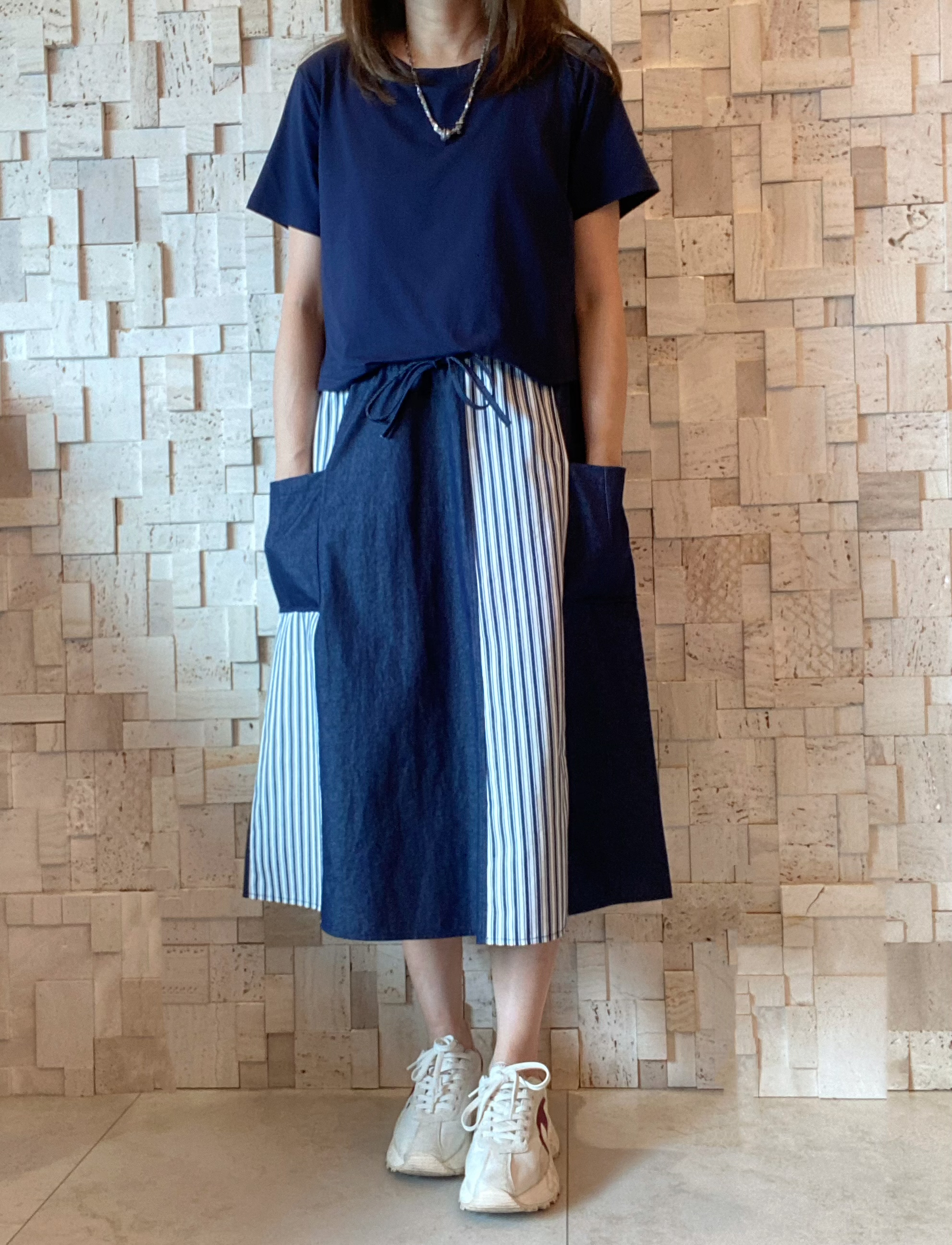 S00356 牛仔布拼條紋撞色Op