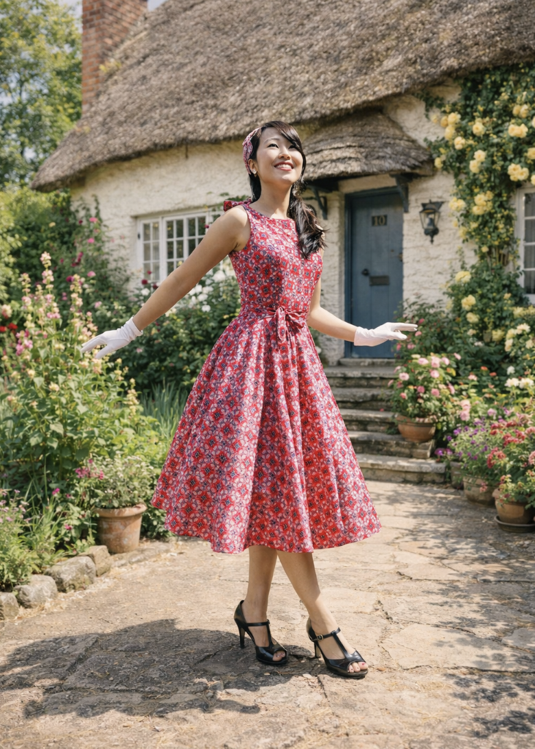 (Ready-Made) 1950s Style Silk Lustre Texture Boat Neck Fit & Flare Swing Dress With Bow Accent on Shoulder（FM213）