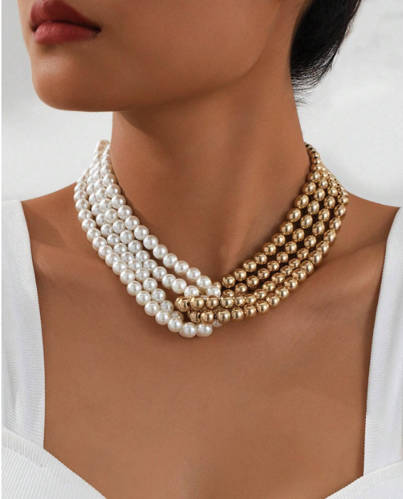 Multilayer Choker Gold and White Pearls