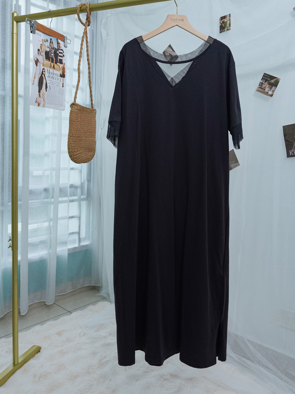 V-Neck Loose Midi Dress with Sheer Lace Cuff Sleeves ‖ V领拼接蕾丝袖宽松中长款连衣裙 KR029672