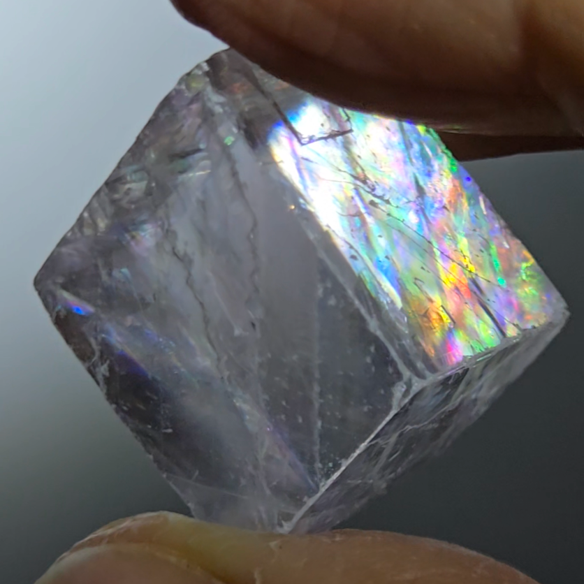 Purple calcite cube with incredible rainbows - PC15