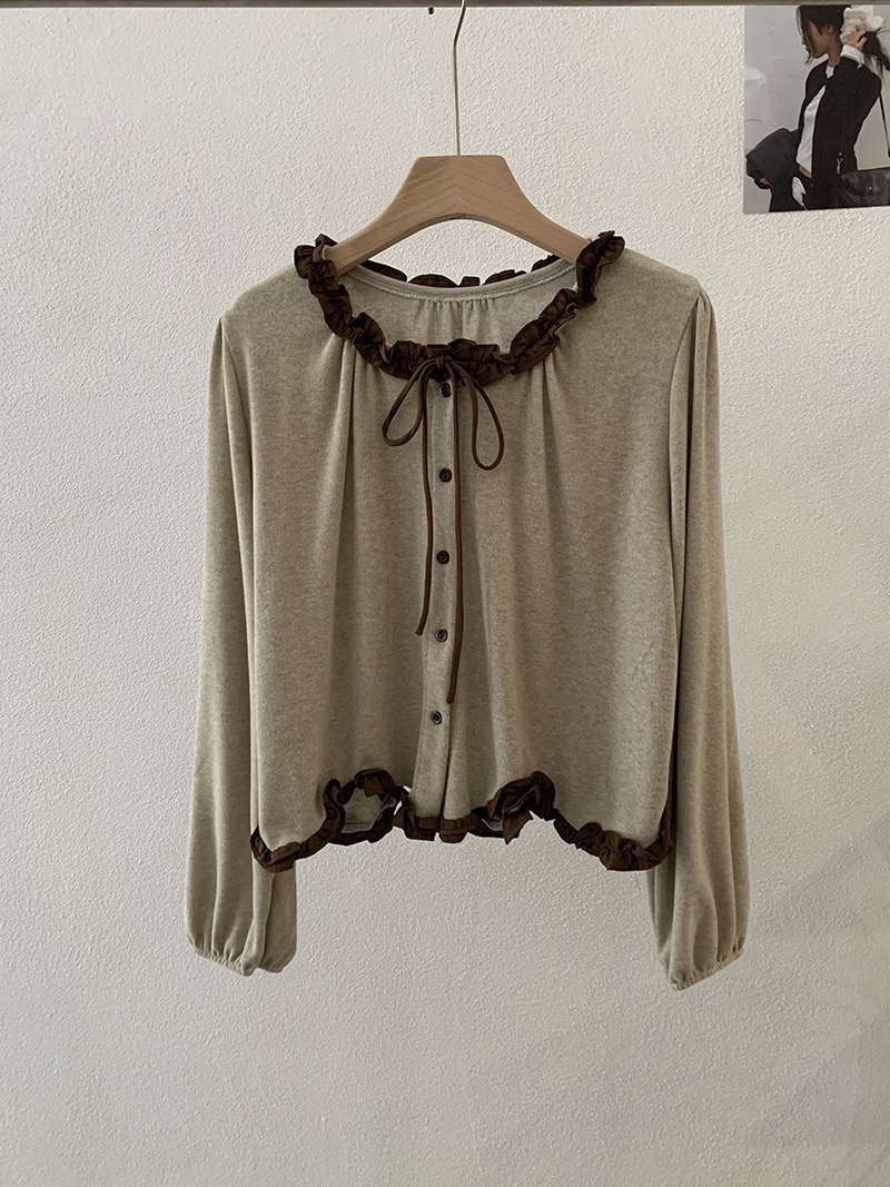 温柔风木耳边不规则波浪蝴蝶结上衣