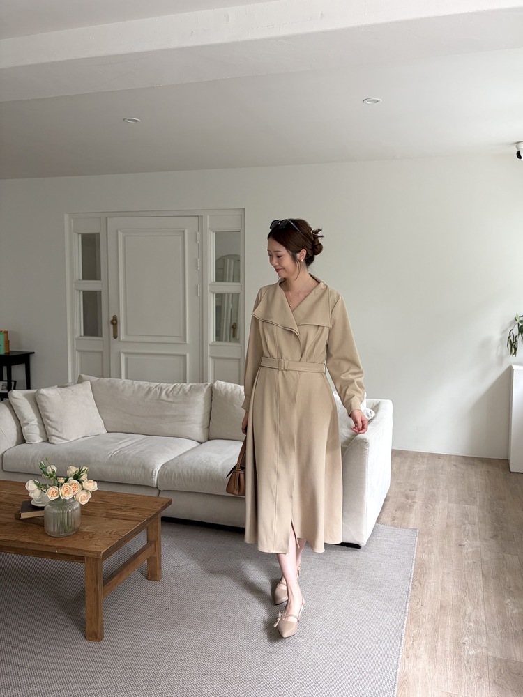 Classic Flared Trench Dress (Warm Beige)