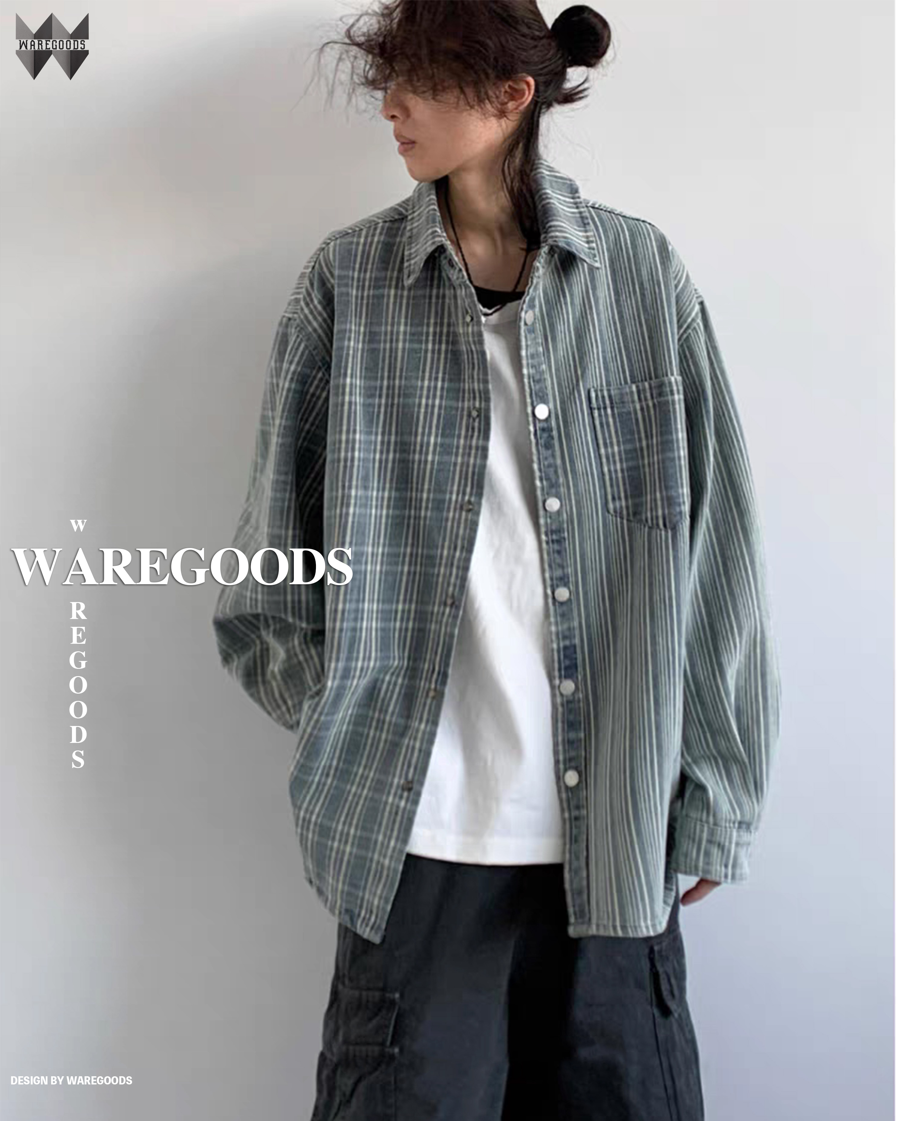 W3009格仔條紋拼接牛仔長袖恤衫