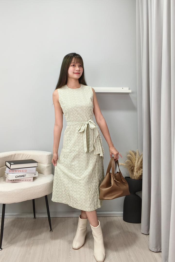 934916 Soft Stripe Ribbon Waist Midi Dress