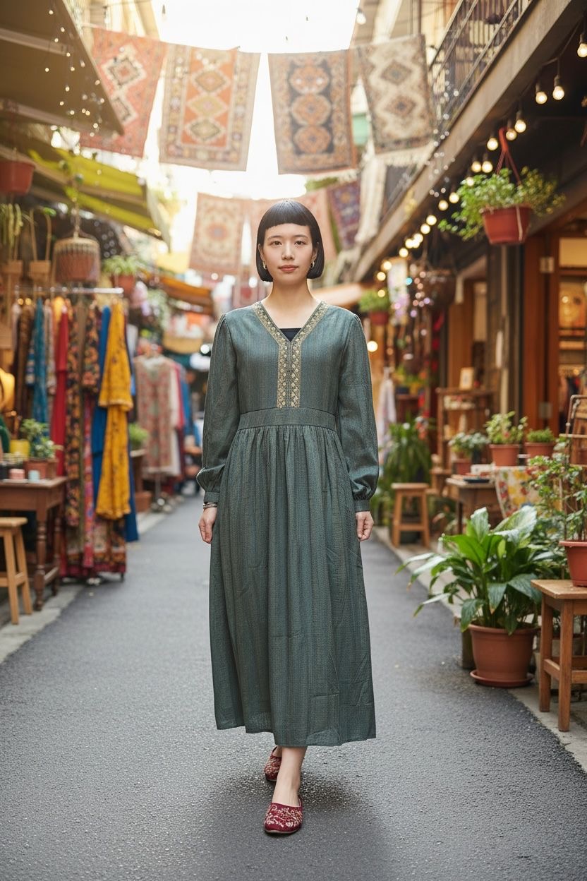 Crocodile Green Diamond Pattern Cloth V-neck Long-sleeve OP 47" #1073