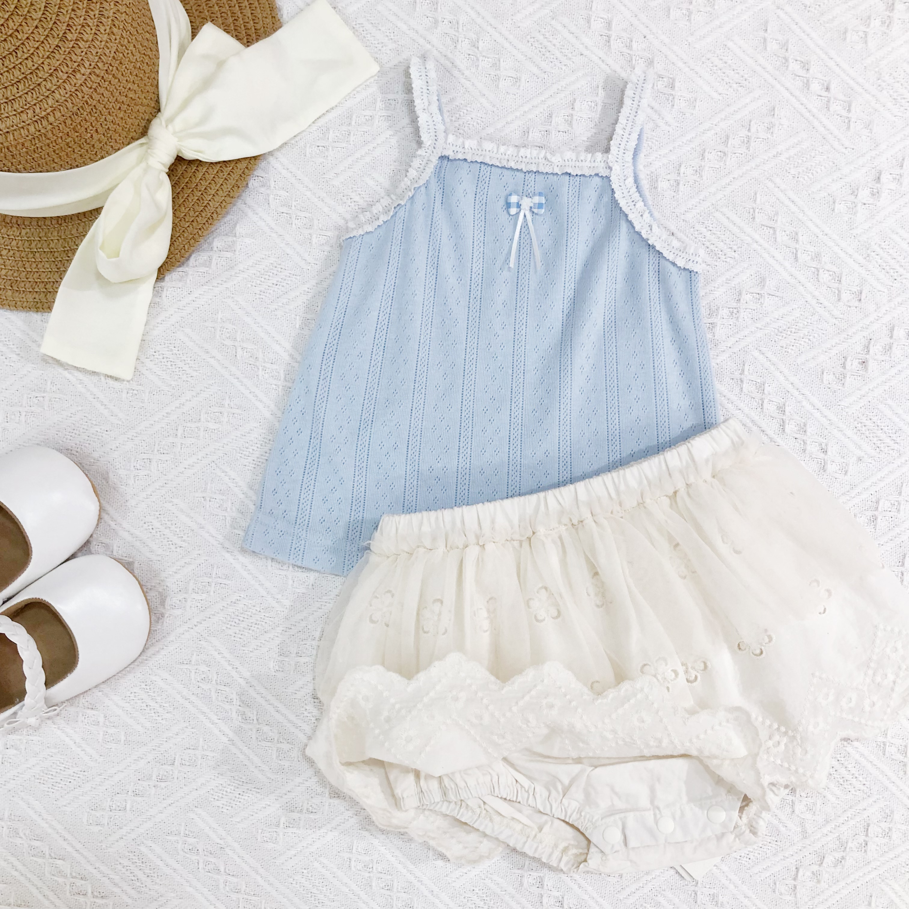 Baby Girl Light Blue Tank Top and Embroidered Shorts Set