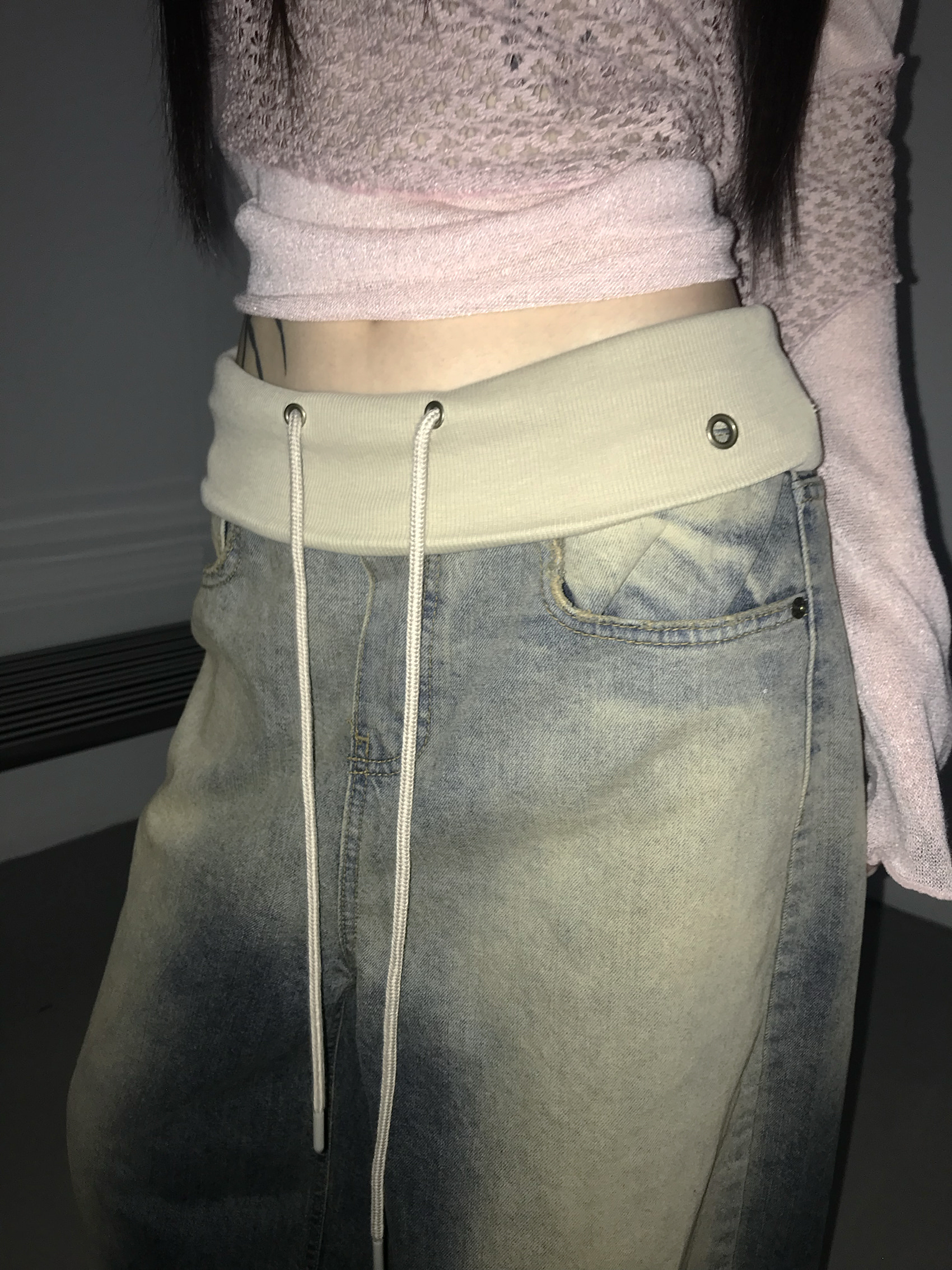 Vintage Washed Foldover-Waist Denim Pants