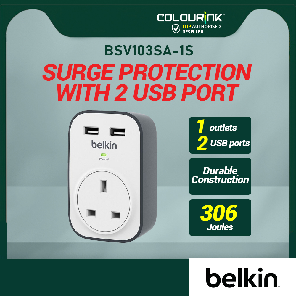 Belkin BSV103SA-1S SurgeCube 1 Outlet Surge Protector with 2 x 2.4A Shared USB Charging