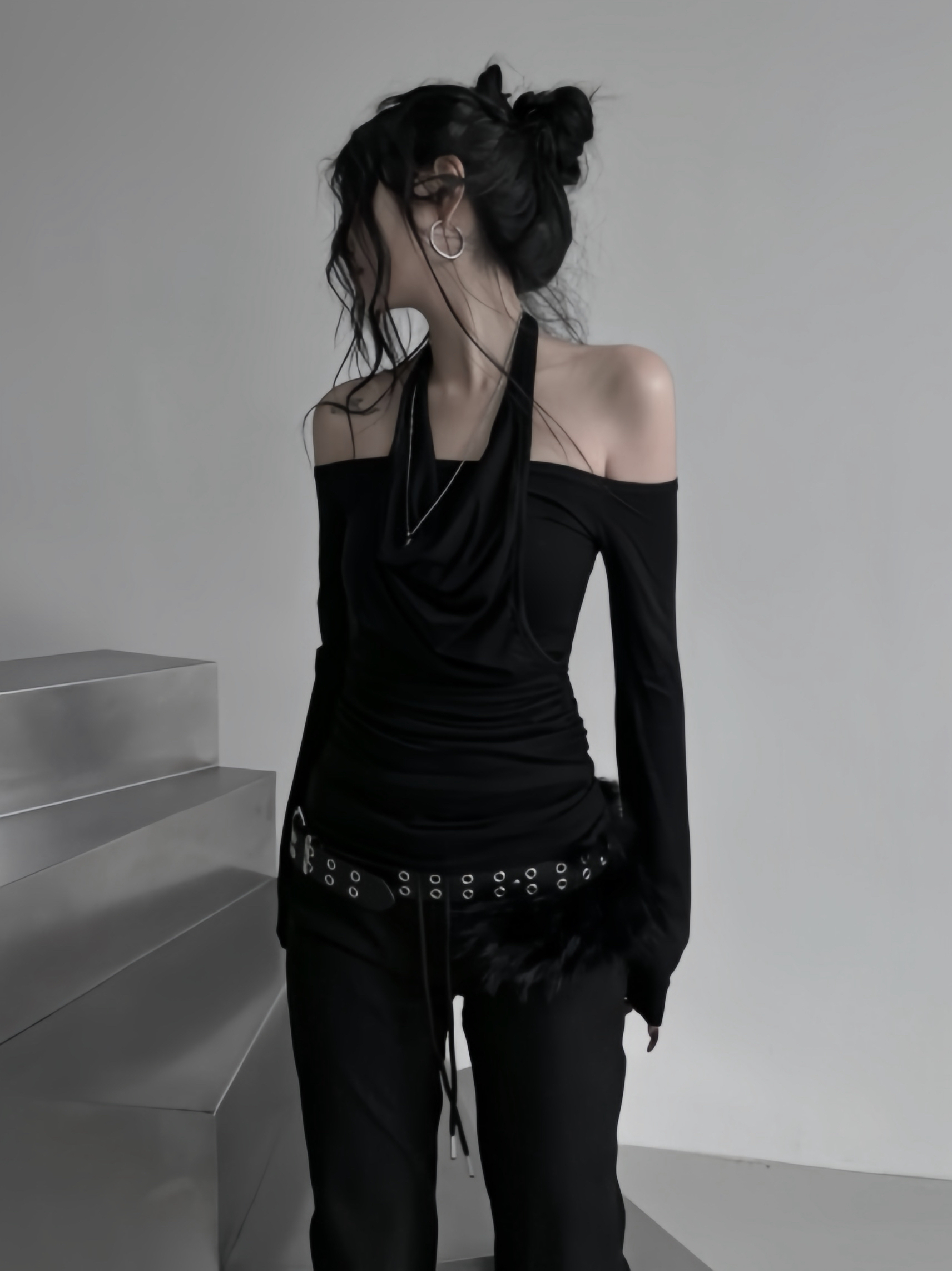 Halter Off-Shoulder Ruched Long Sleeve