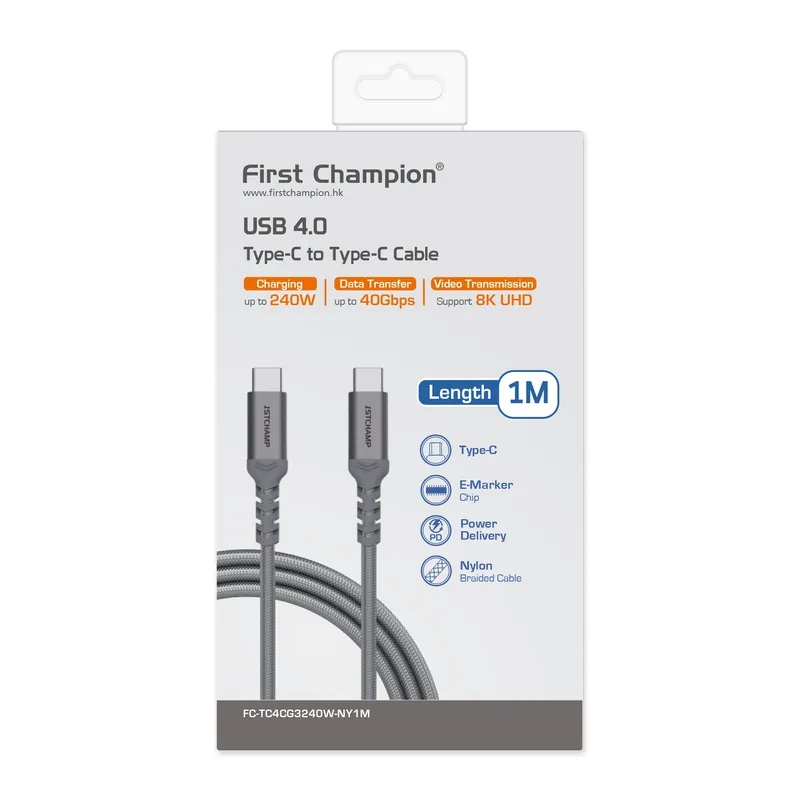 First Champion USB 4.0 Type-C to Type-C 連接線, 240W, 40Gbps, 100cm, 尼龍編織, TC4CG3240W-NY1M