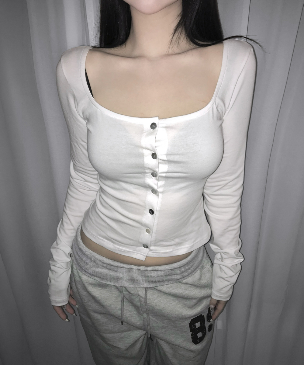 Square Neck Button-Up Long Sleeve Top