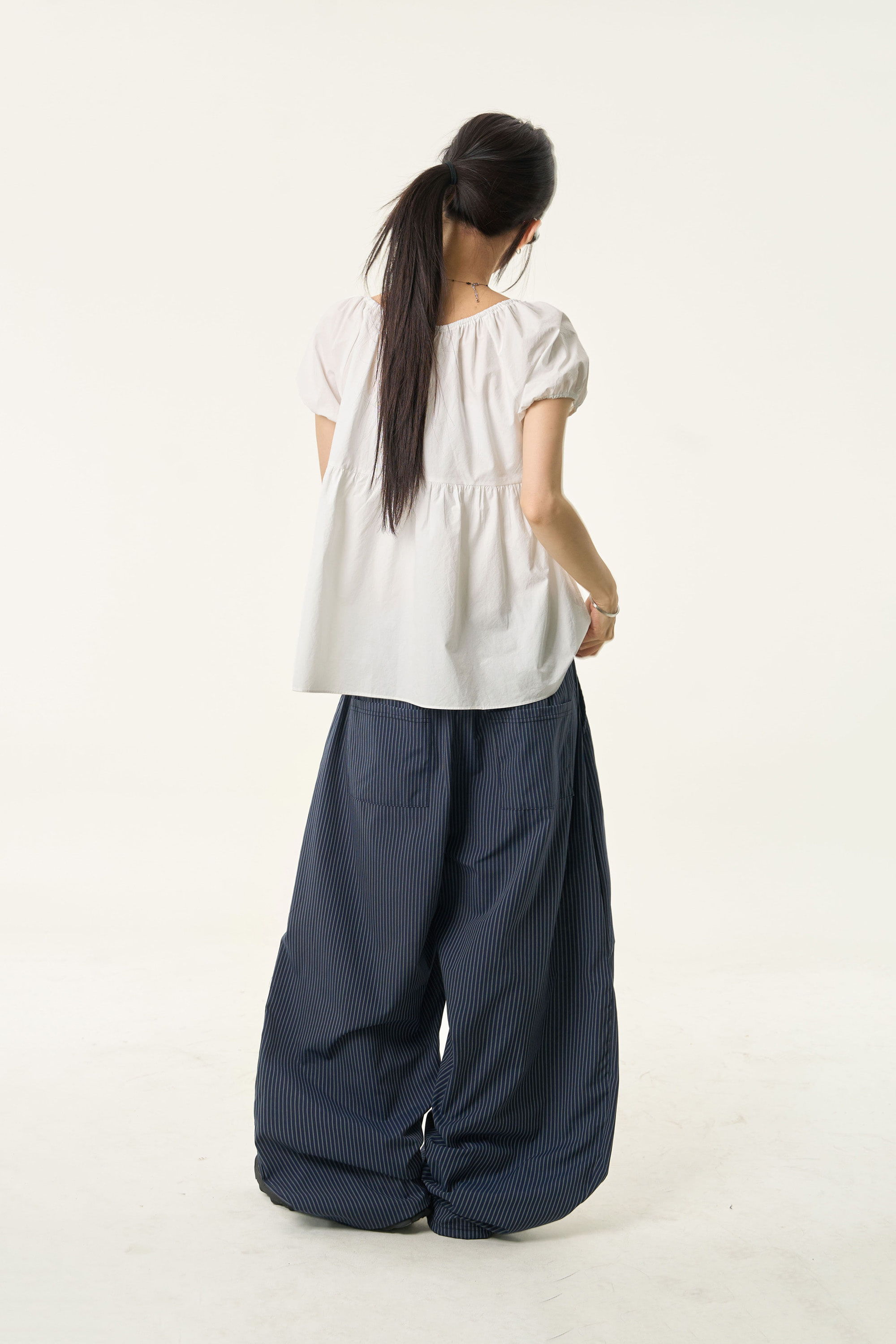 Pinstripe Pintuck Wide-Leg Pants