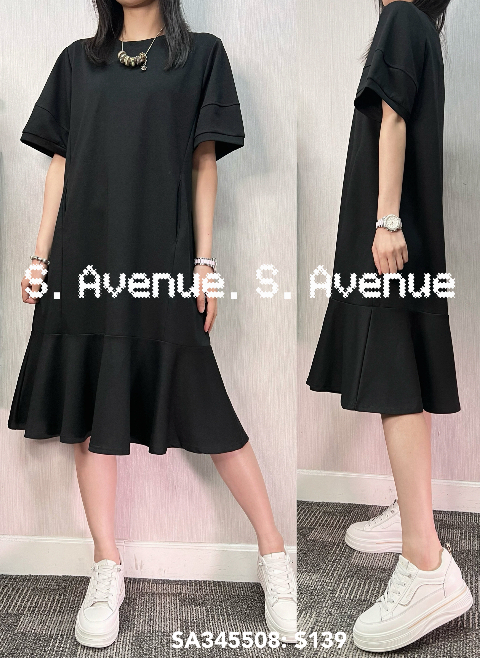 SA345508: 短袖泡泡袖淨色簡約魚尾op