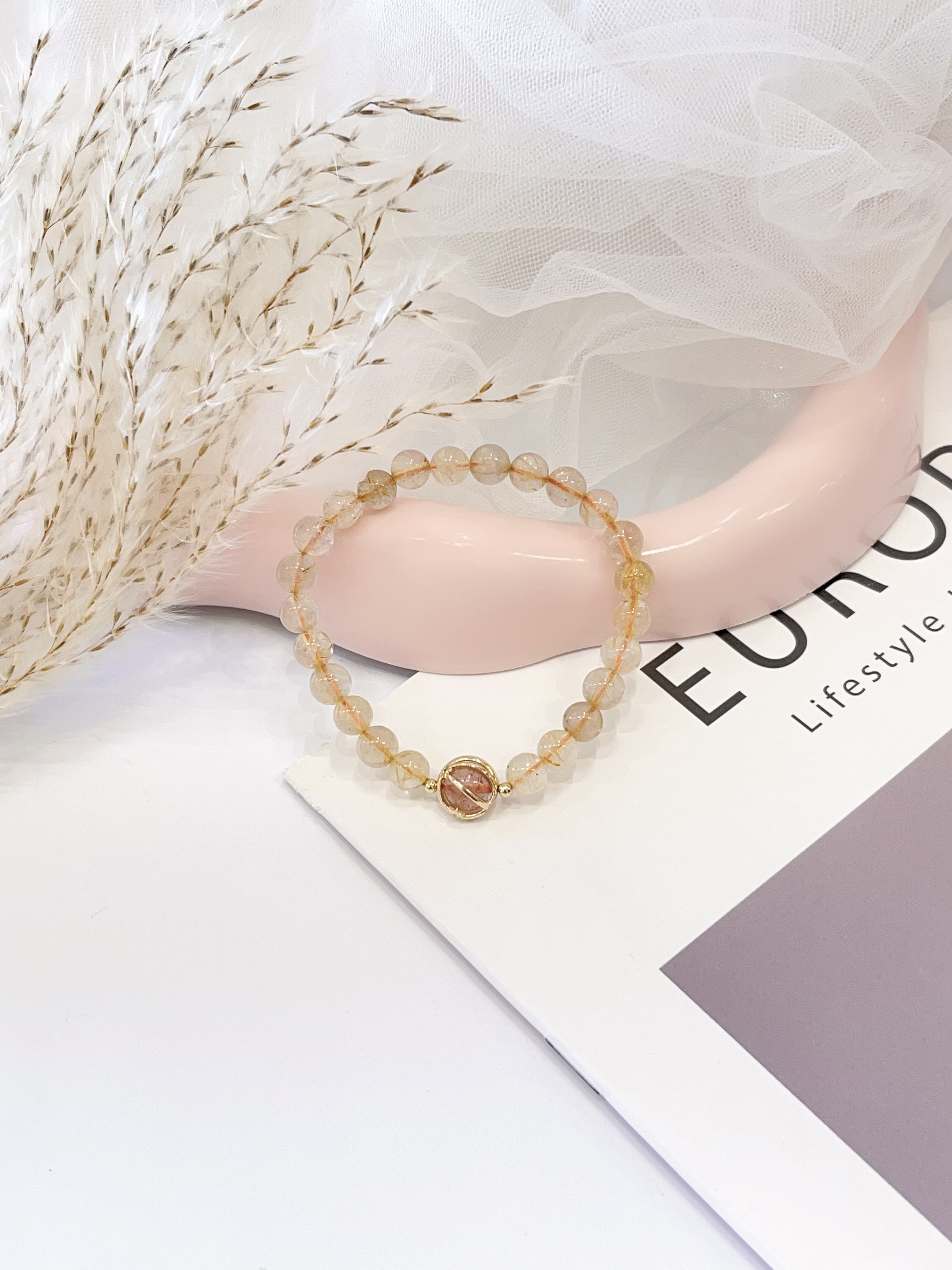 🍓 草莓晶 × 金发晶手串 Strawberry Quartz & Golden Rutilated Quartz