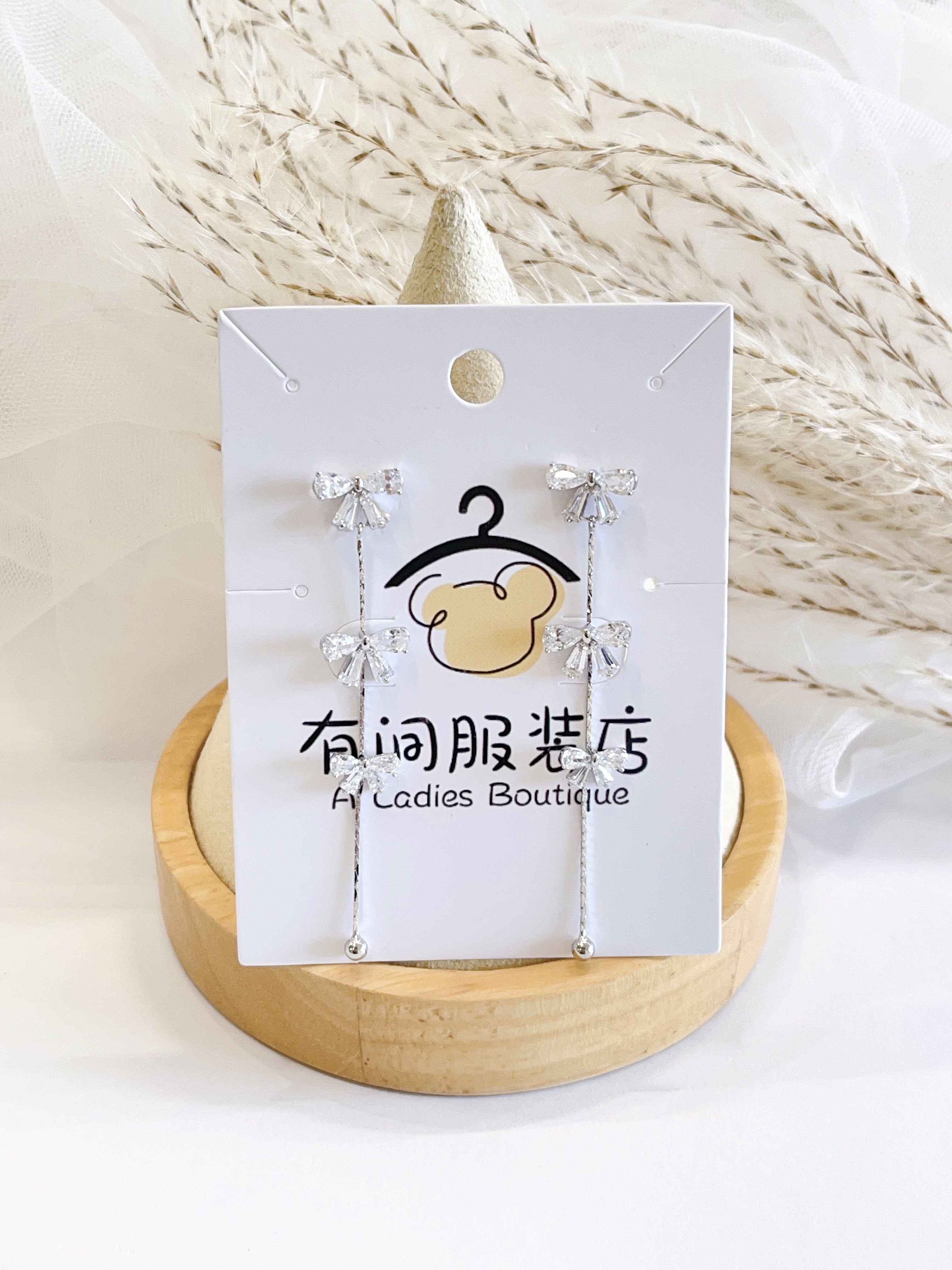 轻奢蝴蝶结长款锆石耳环