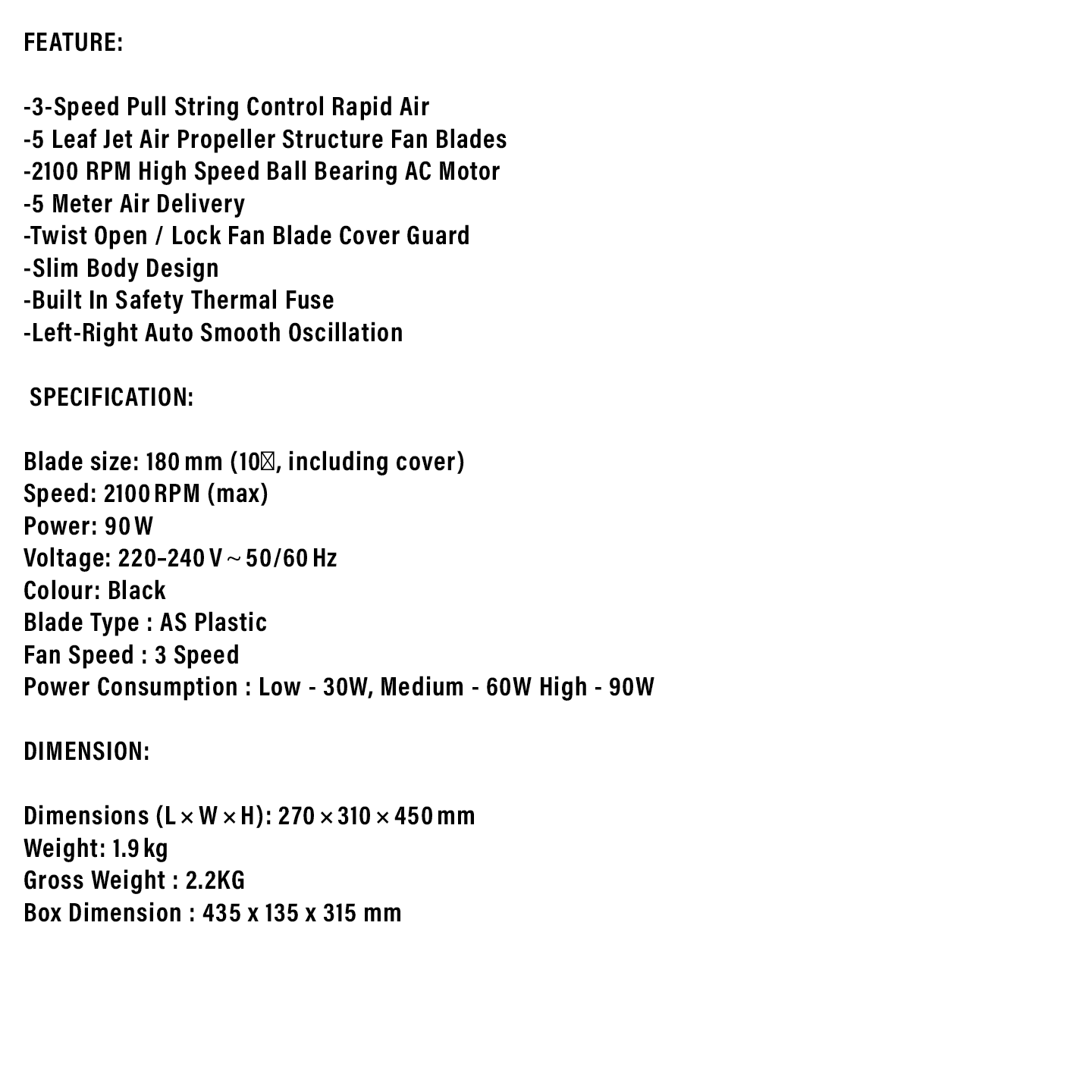 Milux 7" 90W Gale Wall Fan (MGF-W10)