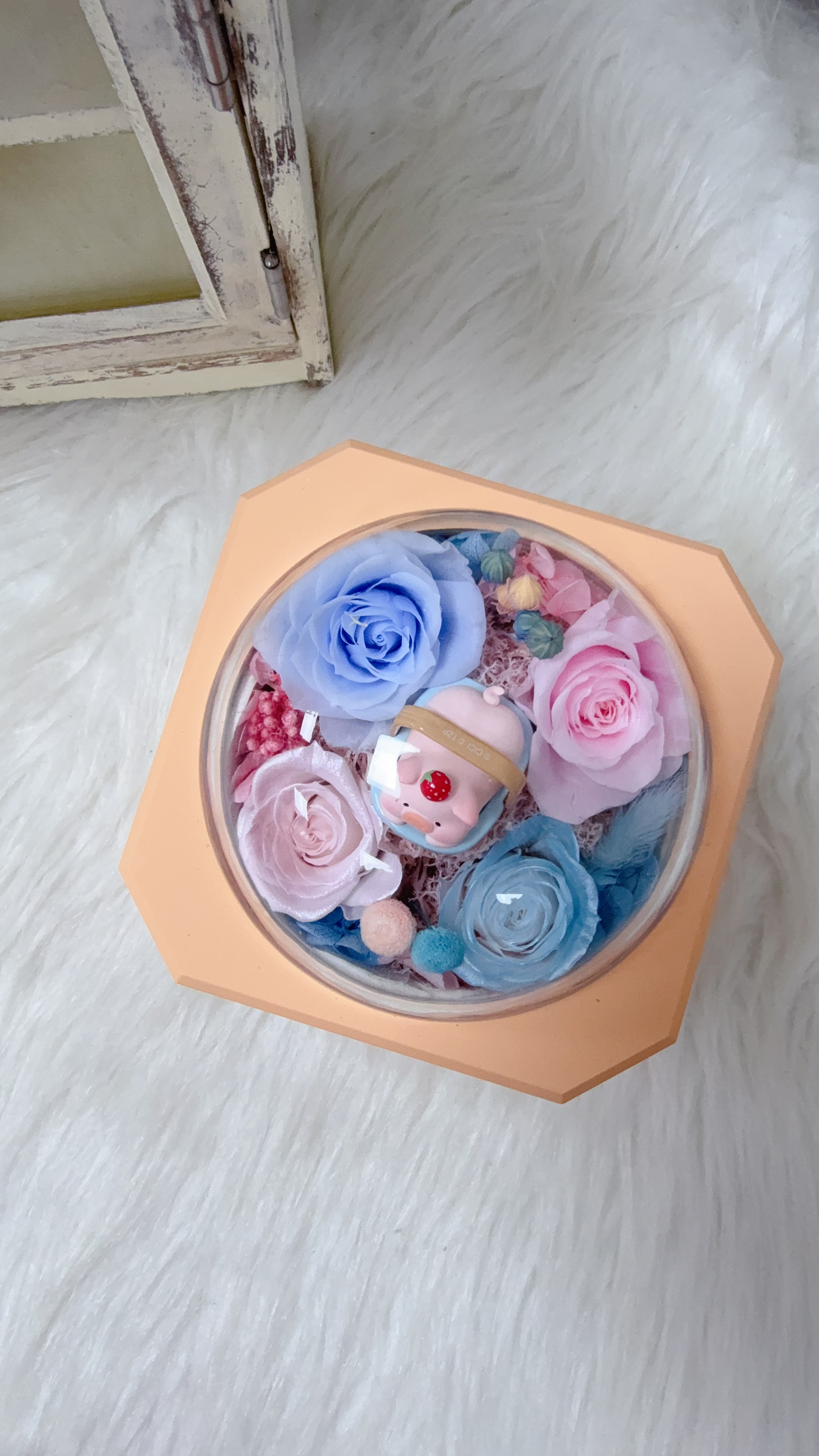 Lulu豬野餐款粉紅藍色永生花飾物盒