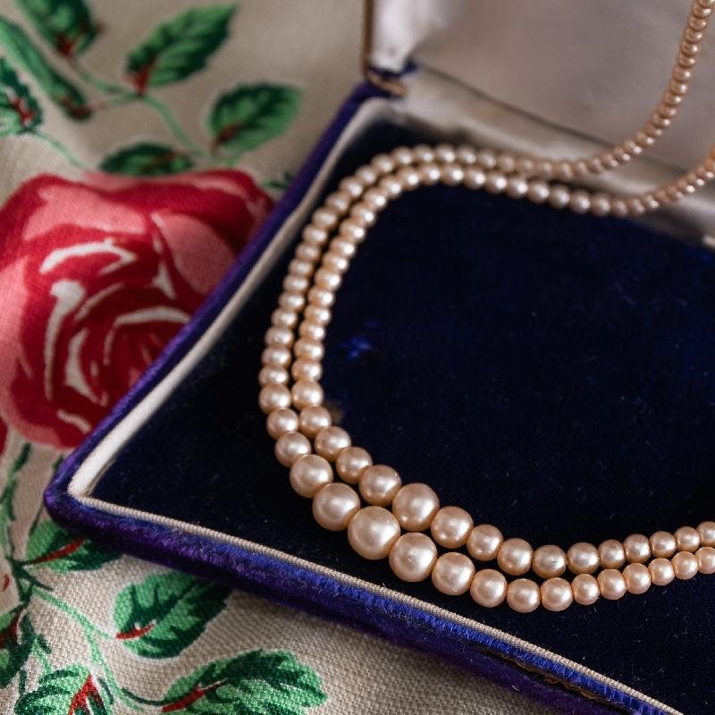Vintage C.a. 1950s Double Row Graduating Glass Pearl Necklace (NZ014)