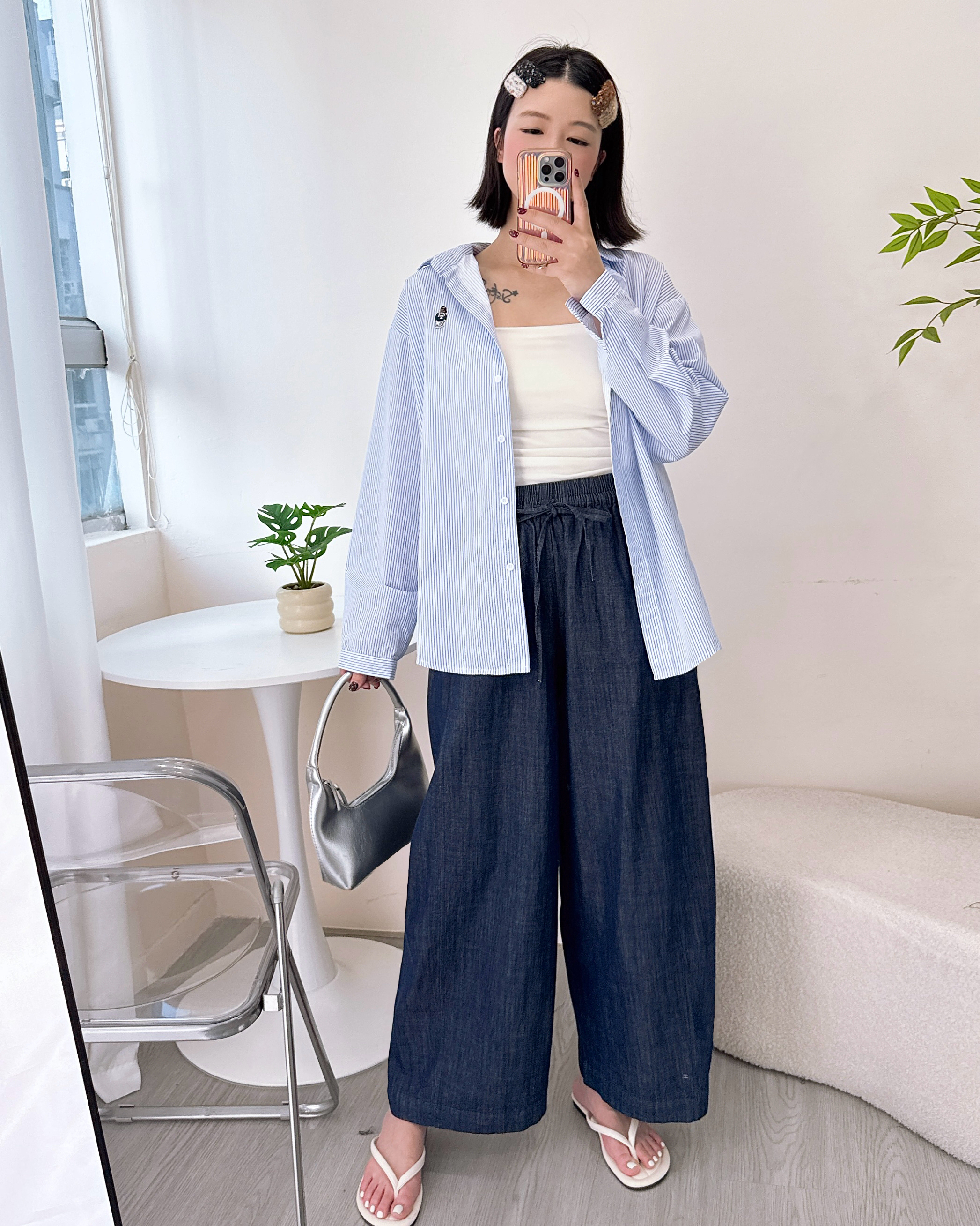 春夏全橡筋腰薄牛仔闊褲 