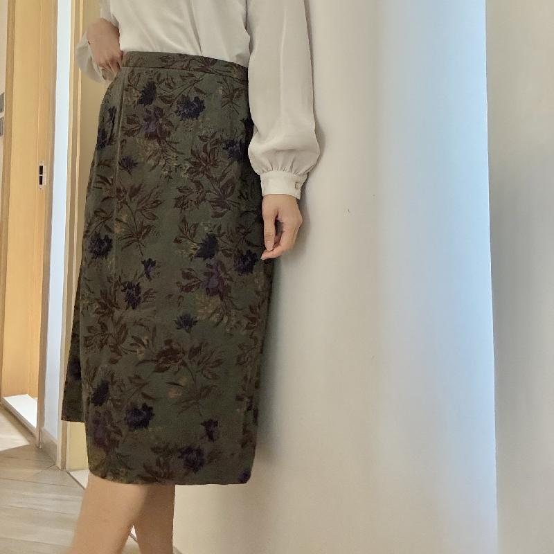 Vintage Japanese IMAGINA 15% Wool Textured Floral Pattern Green Skirt -Waist 29-30"(MT1606)