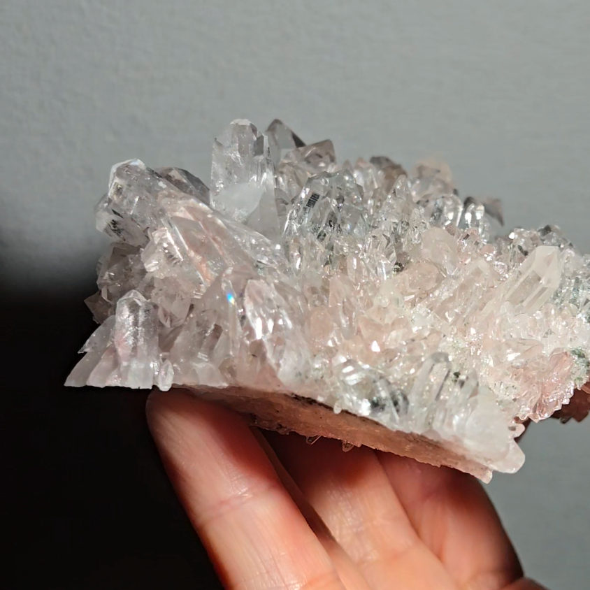 Pink Lemurian quartz cluster with green chlorite, rainbows - LQ189
