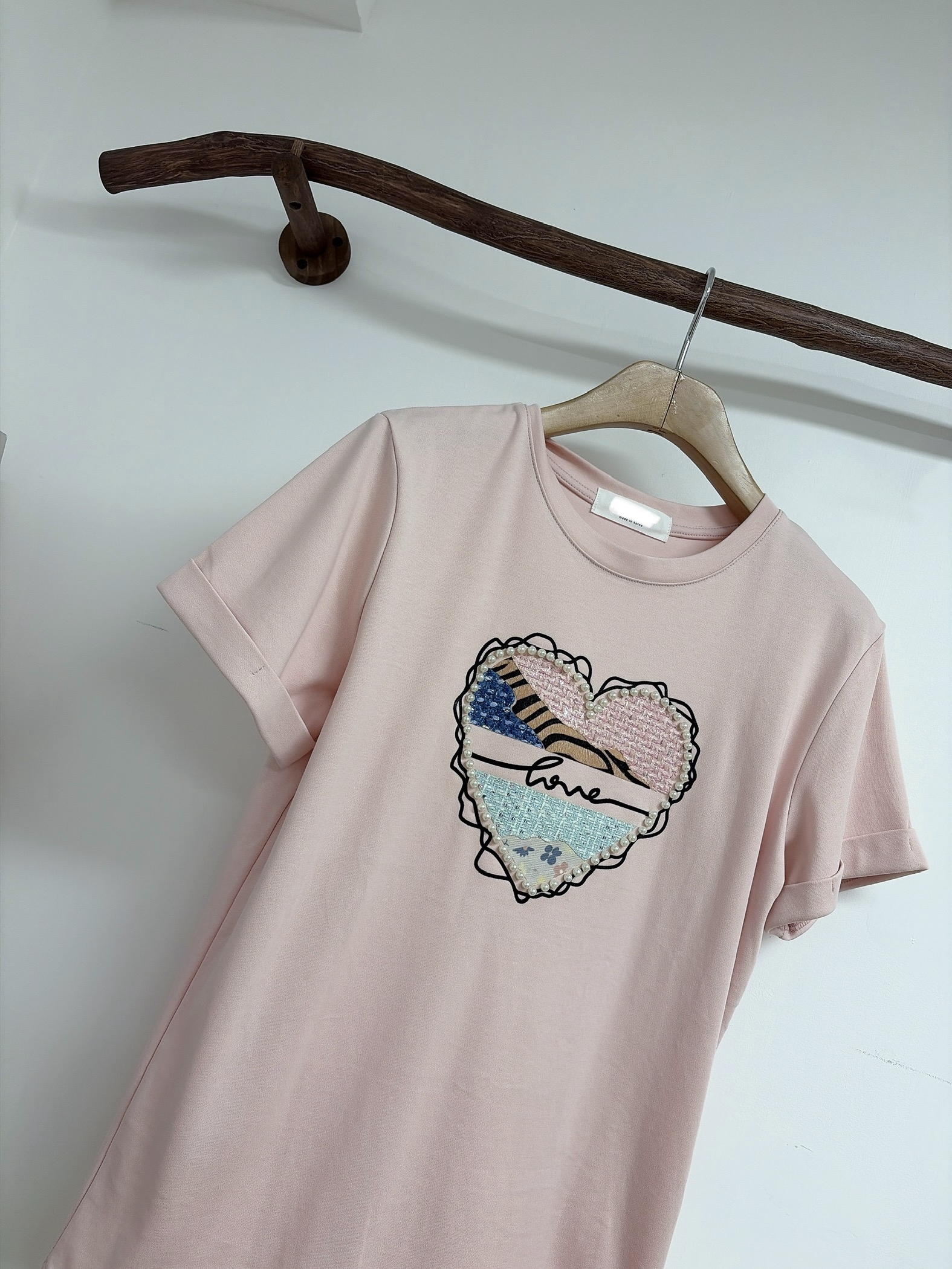 Tweeds拼色心型珠珠滑棉Tee 