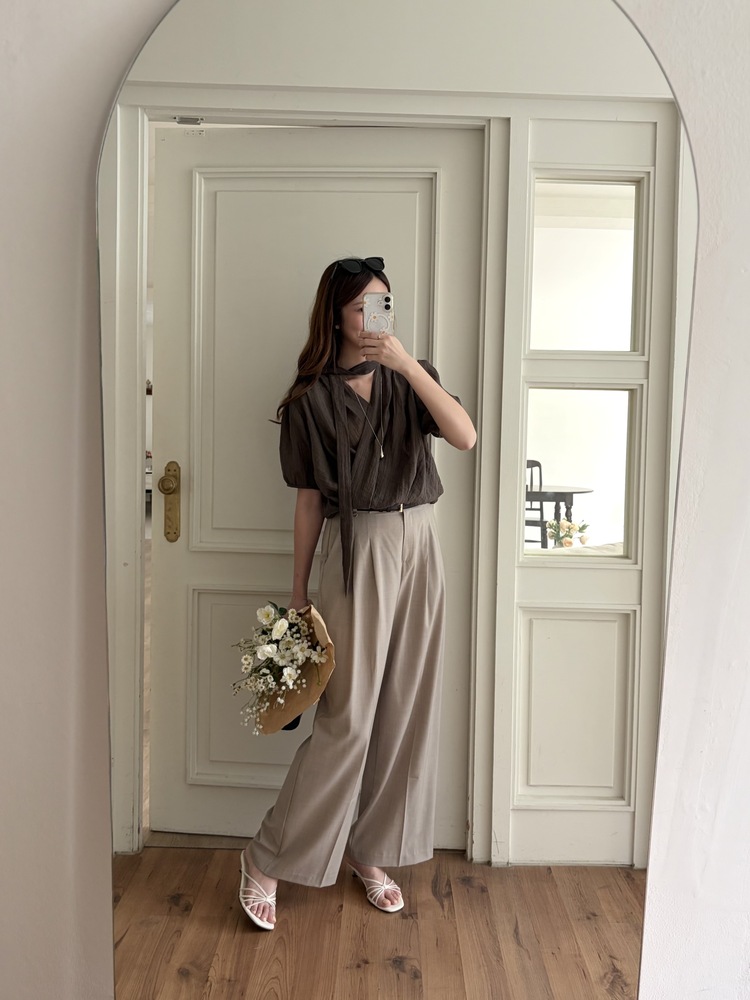 Louise Wrap Blouse with Tie (Brown)