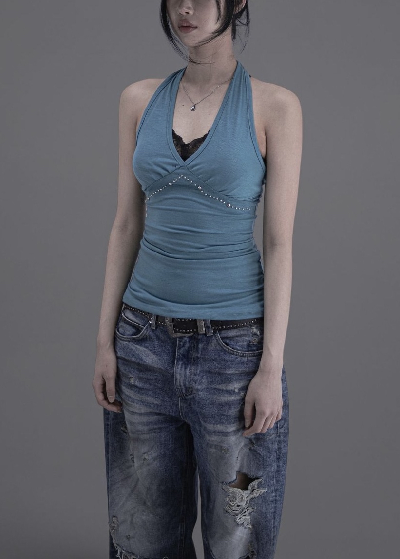 Studded Ruched Halterneck Top