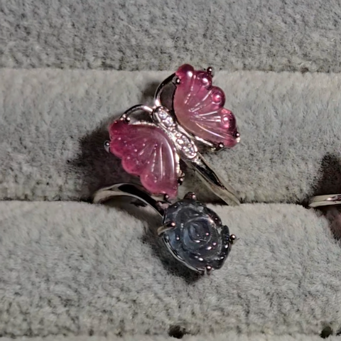 Candy tourmaline butterfly and rose ring, adjustable sterling silver (A) - TR278