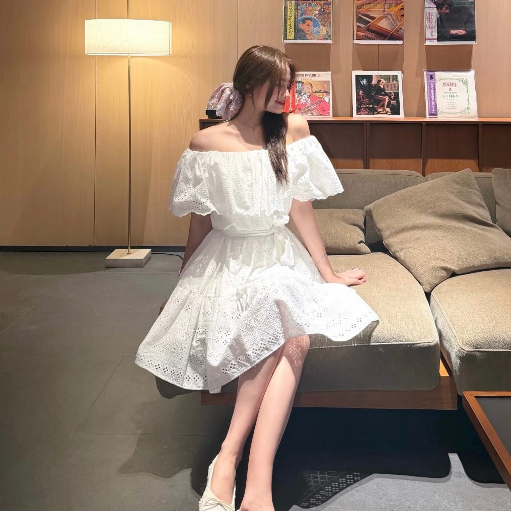 Elegant Eyelet Ruffle Off-Shoulder Dress with Belt