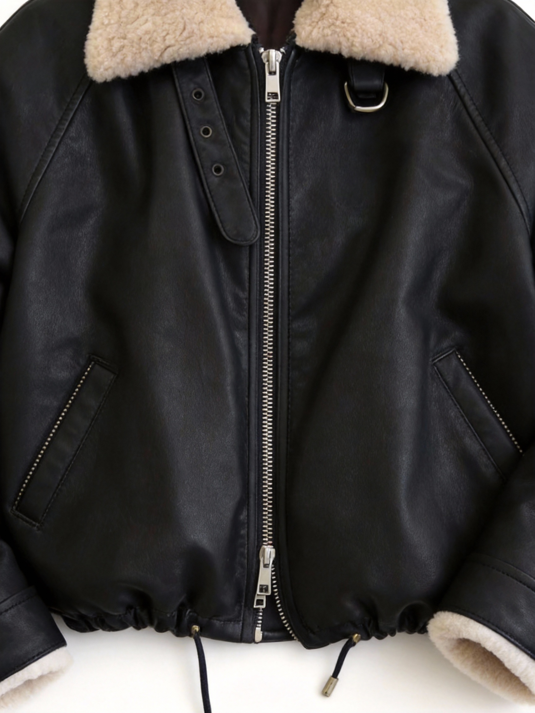 806#黑色羊羔絨領仿皮夾克