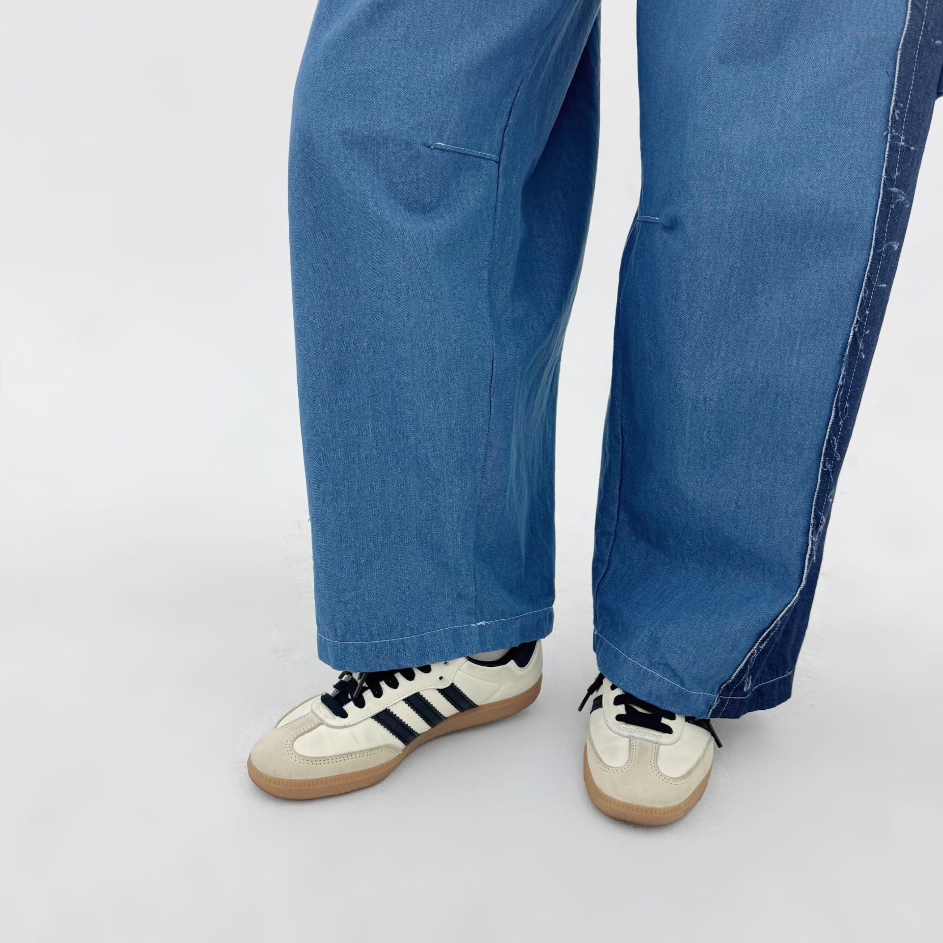 撞色拼接寬鬆牛仔褲