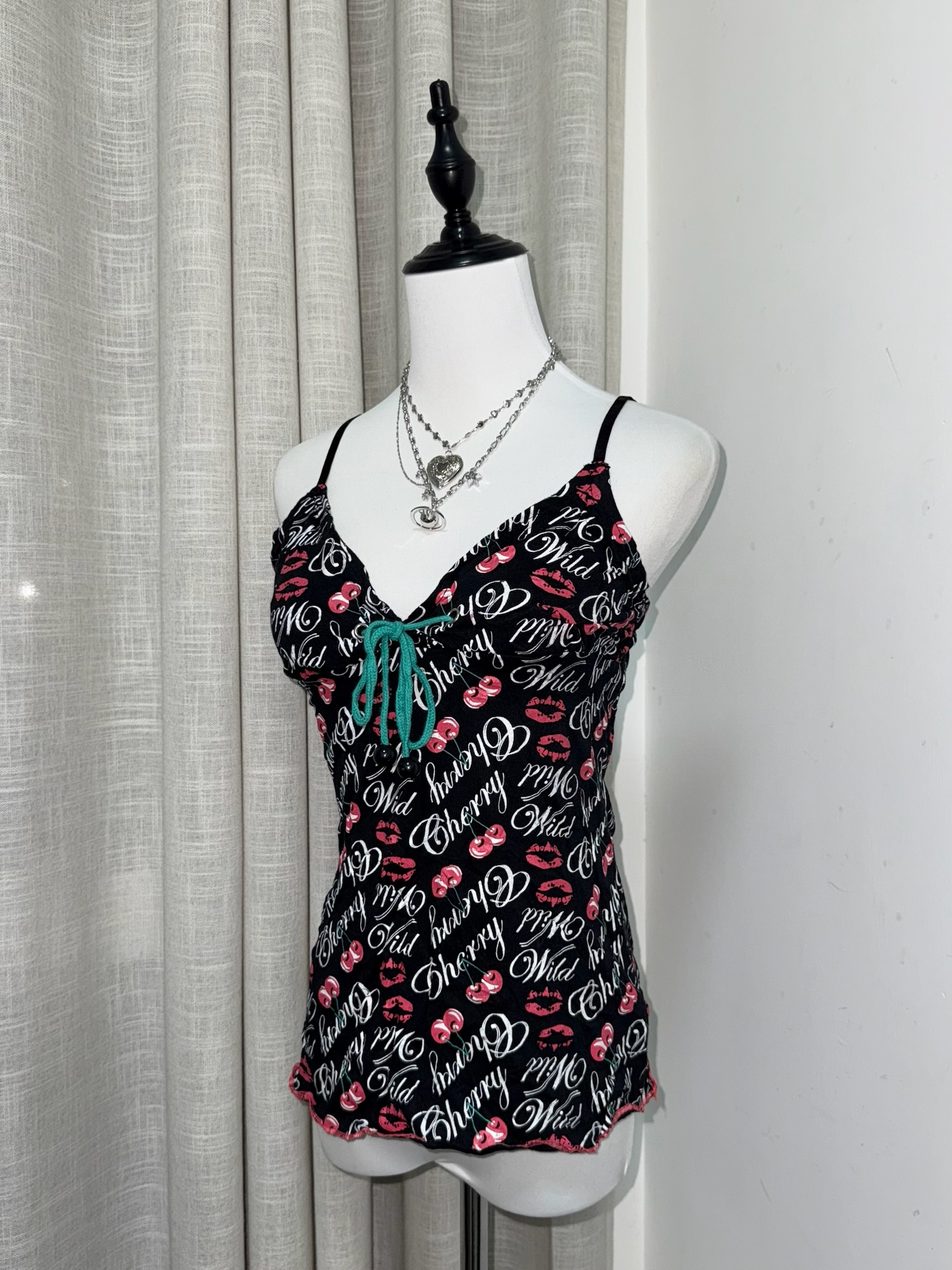 90s Cherry & Lip Print Cami with Contrast Teal Lace-up Front
