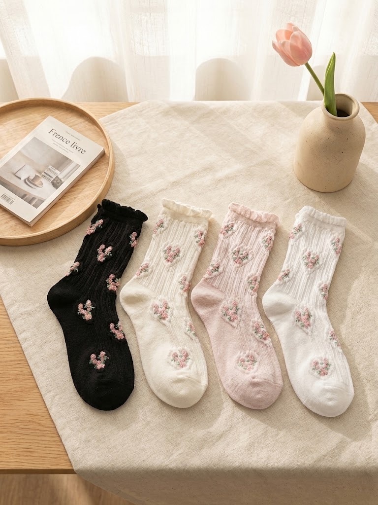 Korean Heart Rose High Crew Socks